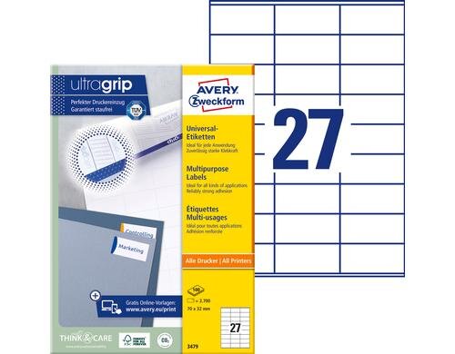 Avery Zweckform Etiketten A4, 70x32mm Packung zu 100 Blatt / 2700 Etiketten