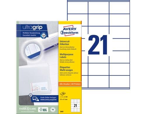 Avery Zweckform Etiketten A4, 70x41mm Packung zu 100 Blatt / 2100 Etiketten