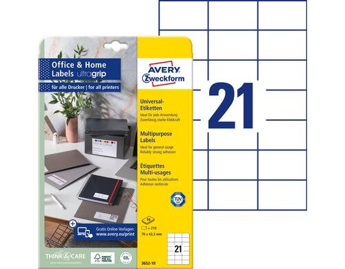 Avery Zweckform Etiketten A4, 70x42.3mm Packung zu 100 Blatt / 2100 Etiketten