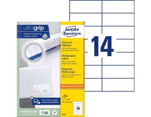 Avery Zweckform Etiketten A4, 105x42.3mm Packung zu 100 Blatt / 1400 Etiketten