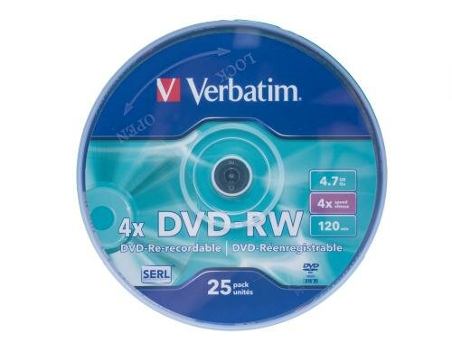 Verbatim DVD-RW 4.7GB, 25er Pack Spindel bis 4-fach, nicht bedruckbar, mit Logo