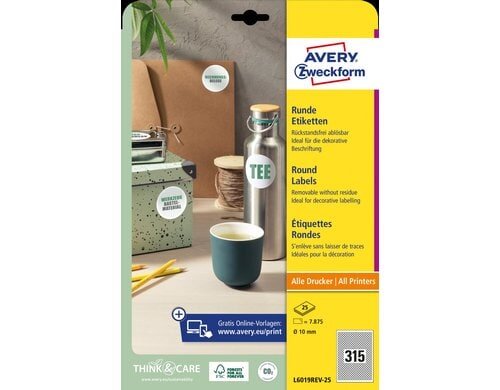 Avery Zweckform Etiketten, rund/weiss Packung zu 25 Blatt/ 315 Etiketten