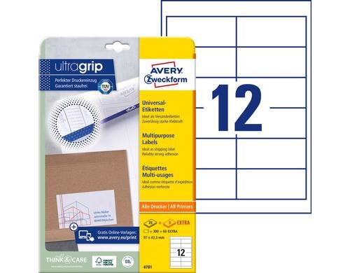 Avery Zweckform Universal-Etiketten A4, weiss, 97x42.3mm, Packung zu 25 Blatt