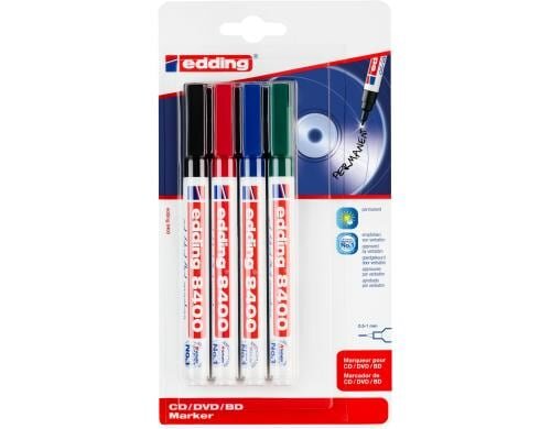 Edding CD/DVD/BD Marker 8400 4er Etui Farben: schwarz, rot, grün, blau