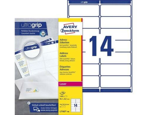 Avery Adress-Etiketten L7163 mit Abziehhilfe, 99.1 x 38.1 mm,
