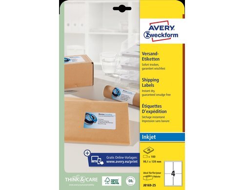 Avery Adress- und Versand Etiketten J8169 99,1 x 139 mm, 25 Bogen pro Packung