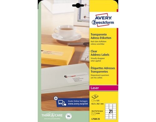 Avery Adress Etiketten transparent L7560 63,5 x 38,1 mm, 25 Bogen pro Packung