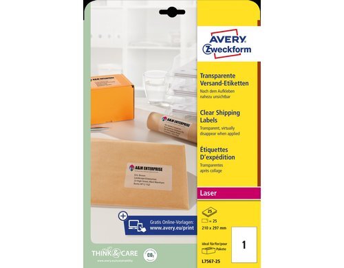 Avery Adress Etiketten transparent L7567 210 x 297 mm, 25 Bogen pro Packung