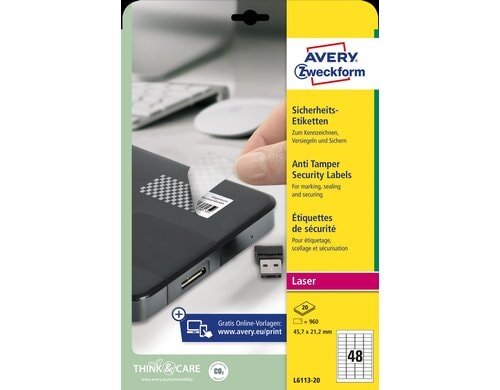 Avery Sicherheits-Etiketten L6113-20 manipulationssicher, 20 Bogen/960 Etiketten