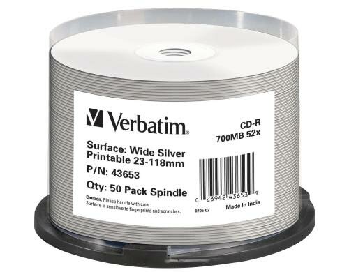 Verbatim CD-R 52x 80Min/700MB 50-Spindel Wide silver Inkjet bedruckbar  o.Logo