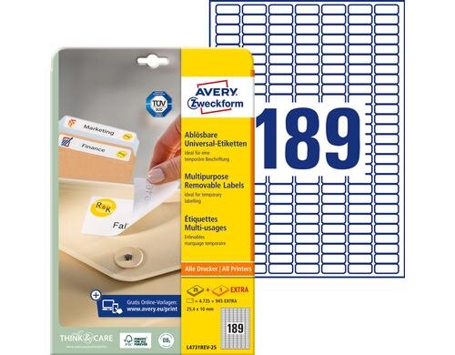 Avery Zweckform Etiketten stick+Lift, weiss 25.4 x 10mm, 25 Bogen / 4725 Etiketten