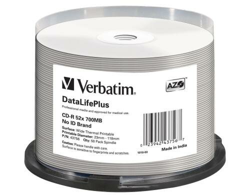 Verbatim CD-R 52x 80Min/700MB 50-Spindel Thermo bedruckbar  o.Logo