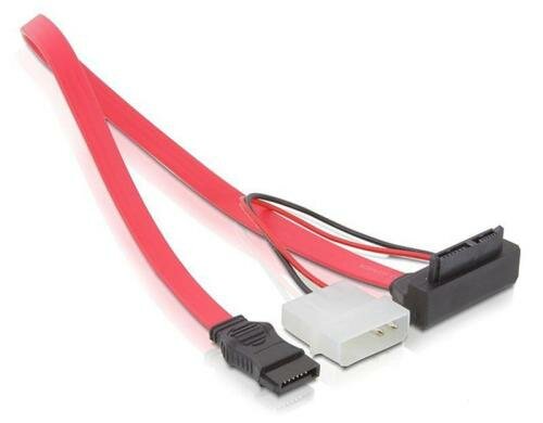 SATA2 Kabel für Slimline Geräte, 90°, 30cm SATA+Power, 7+6 Pin Anschluss, 5 Volt Molex