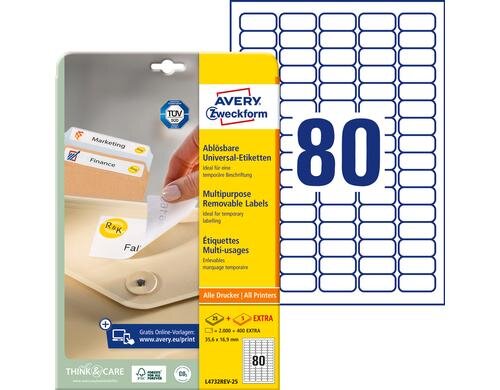 Avery Zweckform Etiketten stick+Lift, weiss 35.3 x 16.9mm, 25 Bogen / 2000 Etiketten