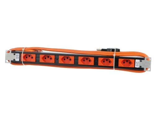 Steckdosenleiste 19, 6xT23, Typ23, orange 3m Kabel, ohne Schalter, Rack Montagehalter