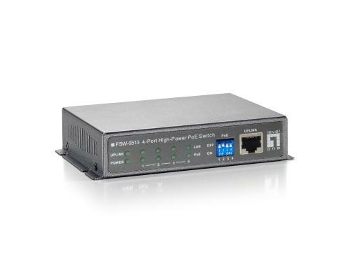 LevelOne FSW-0513: 4Port PoE+, 100Mbps 1 Uplink-Port, int. NT,