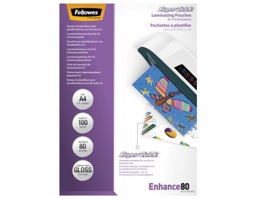 Fellowes Laminierfolien SuperQuick A4 80 Mikron, 100 Stück, 216x303mm