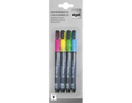 Sigel Kreidemarker 20 bund Rundspitze 1-2mm, pink/gelb/grün/blau