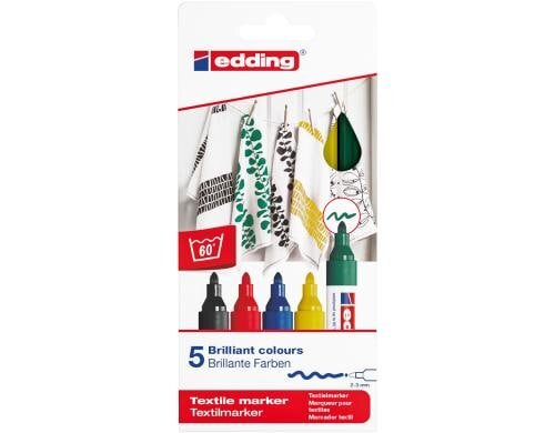 Edding Textilmarker 4500, 5er Set (rot, gelb, blau, grün, schwarz)
