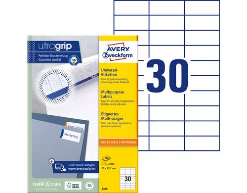 Avery Zweckform Etiketten A4, 70x29.7mm Packung zu 100 Blatt / 3000 Etiketten