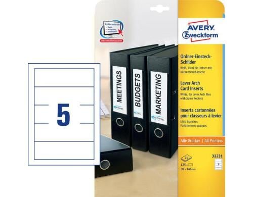 Avery Zweckform Ordnereinsteckschilder Packung à 125 Schilder, 170g/m2, perforiert