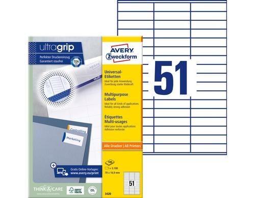 Avery Zweckform Etiketten A4, 70 x 16,9 mm Packung zu 100 Blatt / 5100 Etiketten