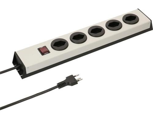 Steckdosenleiste 5xT13, quer, mit Schalter leuchtend, silber/schwarz