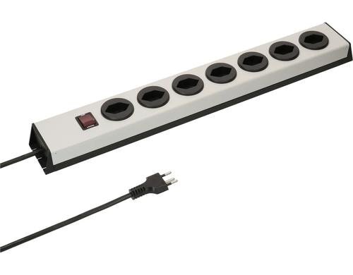 Steckdosenleiste 7xT13, quer, mit Schalter leuchtend, silber/schwarz