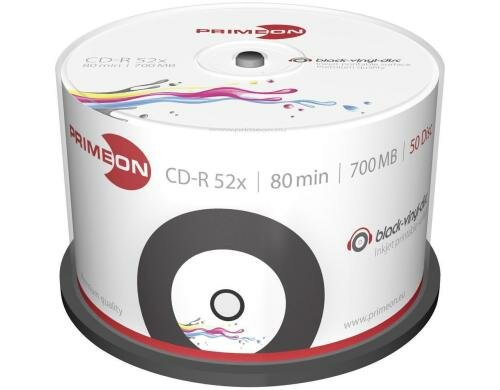 Primeon CD-R 700MB 50er Spindel bis 52-fach, black vinyl bedruckbar
