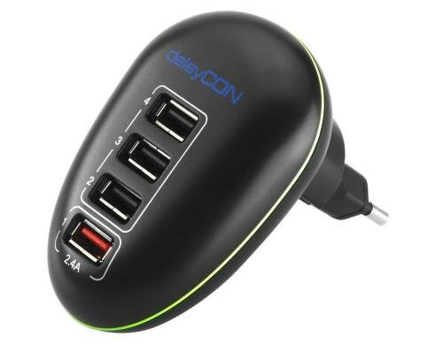 DeleyCON 4x USB Ladegerät, 5V, schwarz Strom für bis 4 USB-Geräte,1x2.4A oder 4x1A