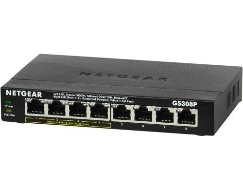 Netgear GS308P: 8 Port PoE Switch 8x Gigabit, 4x PoE (53W), Fanless