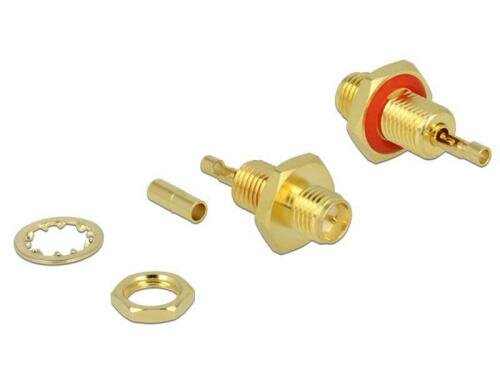 Delock RP-SMA Buchse Adapter zum crimpen Spritzwassergeschützt mit Muttern