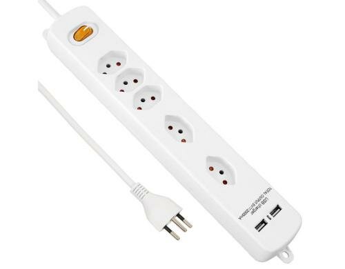 Steckdosenleiste 5xT13, 2 quer mit Schalter 2xUSB 1A, 1.5m Kabellänge, weiss