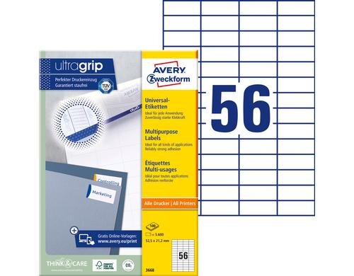 Avery Zweckform Etiketten A4, 52.5x21.2mm Packung zu 100 Blatt / 5600 Etiketten
