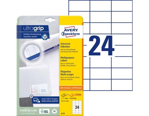 Avery Zweckform Etiketten A4 weiss, 70x37mm Packung zu 25 Blatt / 600 Etiketten