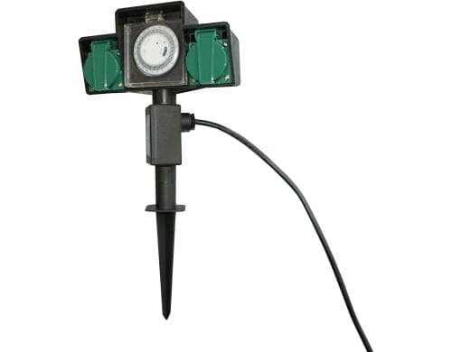Gartensteckdose 2xT13, mit Erdspiess, Timer IP44, grün/schwarz, Kabel 2m schwarz