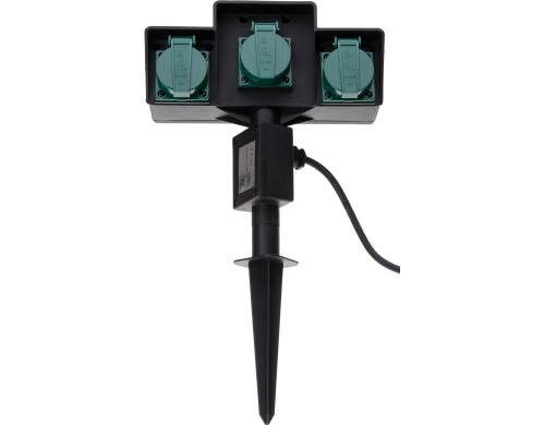 Gartensteckdose 3xT13, mit Erdspiess IP44, grün/schwarz, Kabel 2m schwarz