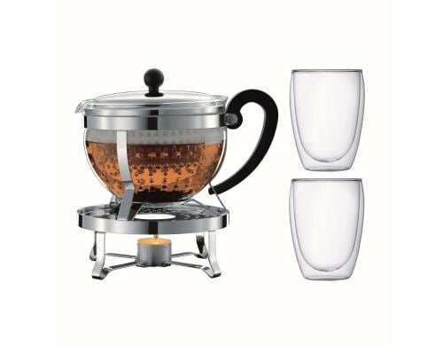 Bodum Chambord Tee Set Teebereiter 1.3 L, inkl. Rechaud 2 Pavina Gläser 0.35 L