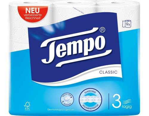 Tempo Toilettenpapier 3-lagig weiss 9 Rollen à 150 Blatt