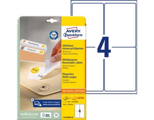 Avery Zweckform Etiketten, 99.1 x 139 mm wiederablösbar, Packung zu 25 Blatt