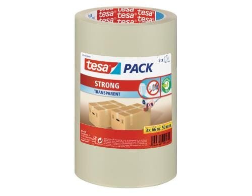 tesapack strong Paketband transparent, 66m x 50mm, 3 Stück