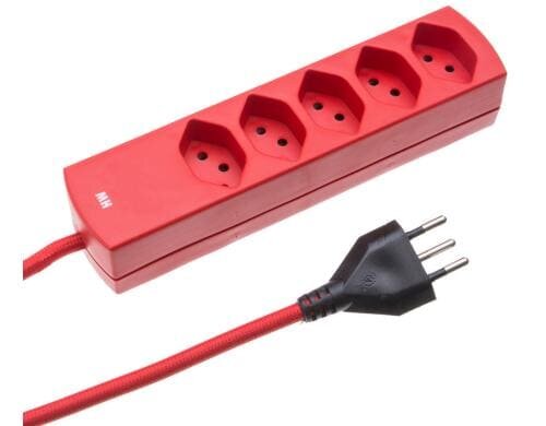 Textil-Steckdosenleisten MaxTex 5x T13 rot, Überstromschutz, 2m Kabel