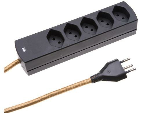Textil-Steckdosenleisten MaxTex 5x T13 schwarz/gold, Überstromschutz, 2m Kabel
