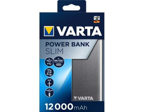 VARTA Slim Powerbank 12000 mAh dunkelgrau mit Micro USB Type-C Kabel