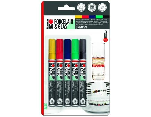 Marabu Porzellan- und Glasmalstift 5 Stifte mit Spitze 1-2 mm, Basic