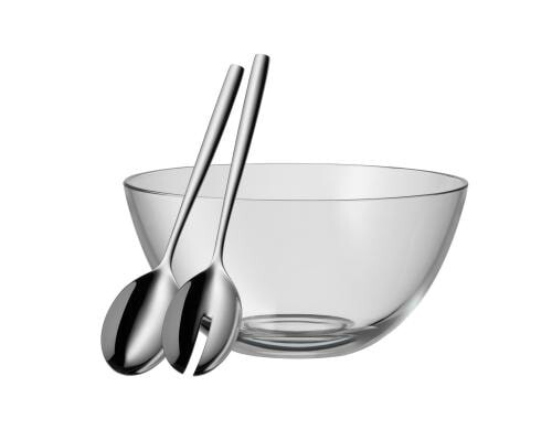 WMF Salatschüssel Set 3-teilig klein 1 Glasschale 23.5cm, 1 Salatbesteck 25cm