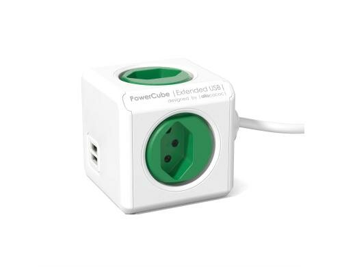 PowerCube Extended USB grün 4x T13, 2x USB, 1.5m Zuleitung, Halterung