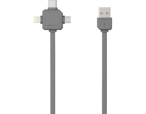 allocacoc USB Kabel mit 3 Steckern, grau 1.5m, Mircro USB, USB-C, Apple Lighting
