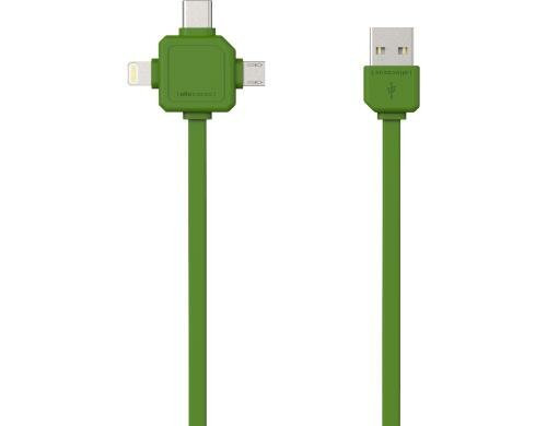allocacoc USB Kabel mit 3 Steckern, grün 1.5m, Mircro USB, USB-C, Apple Lighting