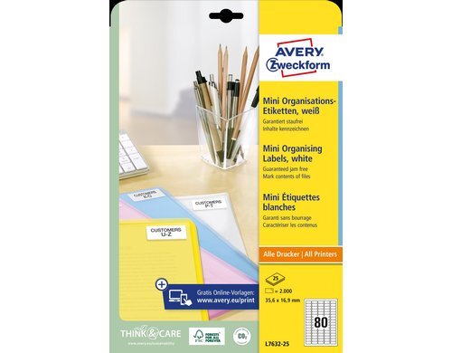 Avery Zweckform Etiketten A4, 35.6x16.9 mm Packung zu 25 Blatt / 2000 Etiketten
